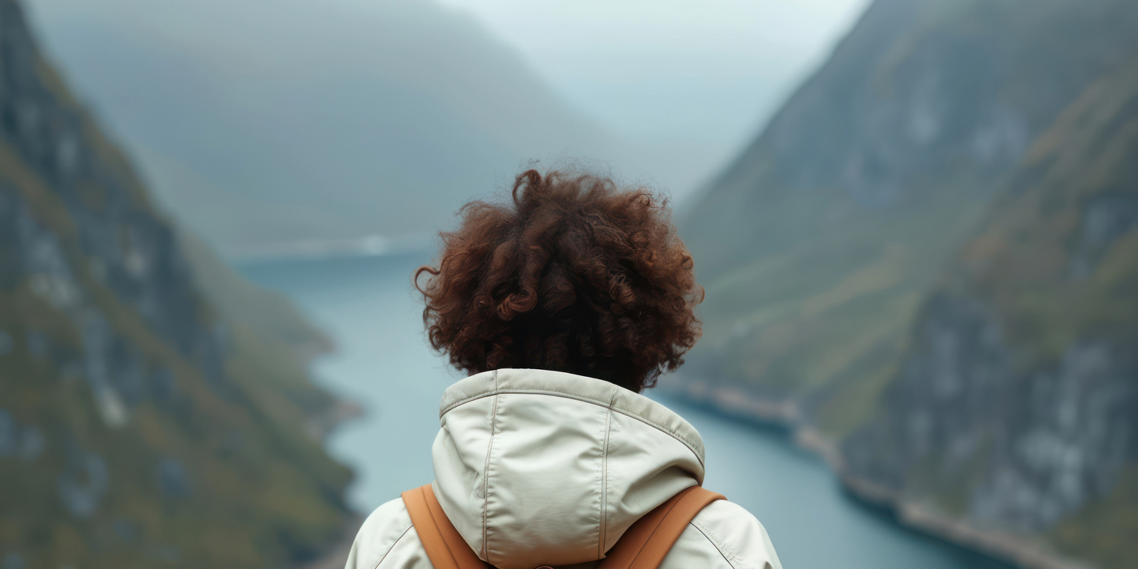 Person with curly hair and a backpack standing alone at a mountain viewpoint overlooking a fjord, symbolizing solitude and reflection.